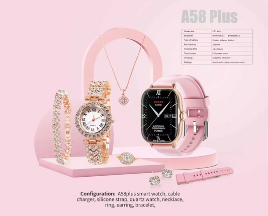 A58 Plus 6-in-1 Smartwatch women's lifestyle and fitness gift set featuring a large HD touchscreen display and a matching jewelry collection